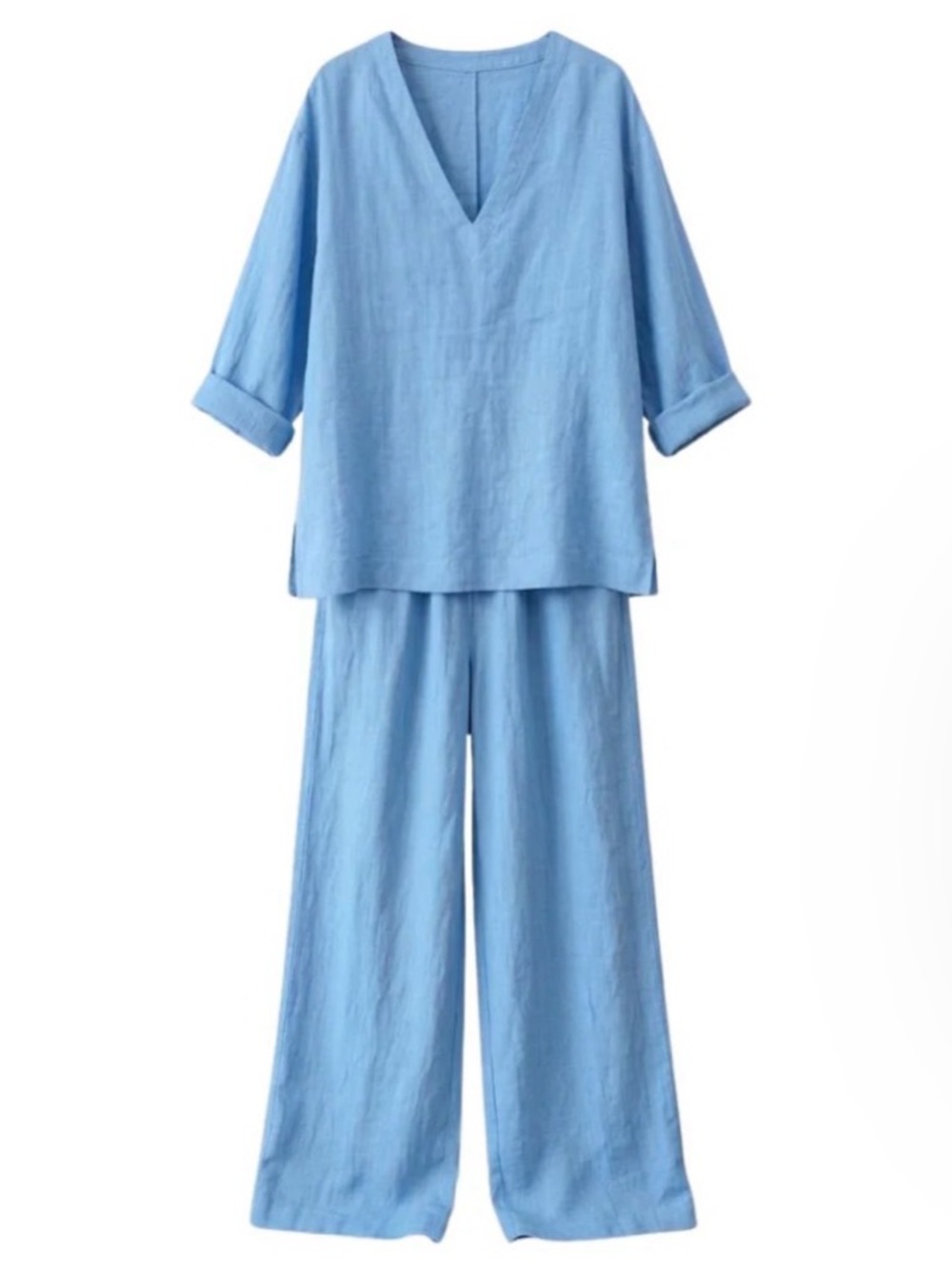 North Fashion Sky Blue Women's Wide Leg Cotton Pants and Relaxed V-Neck Top Set
